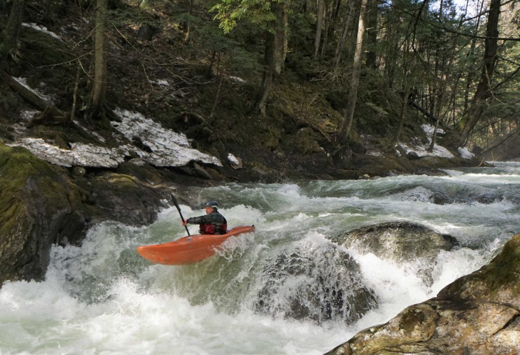 Mike Mainer boofs on Patterson Brook Upper White River Vermont Whitewater Kayaking