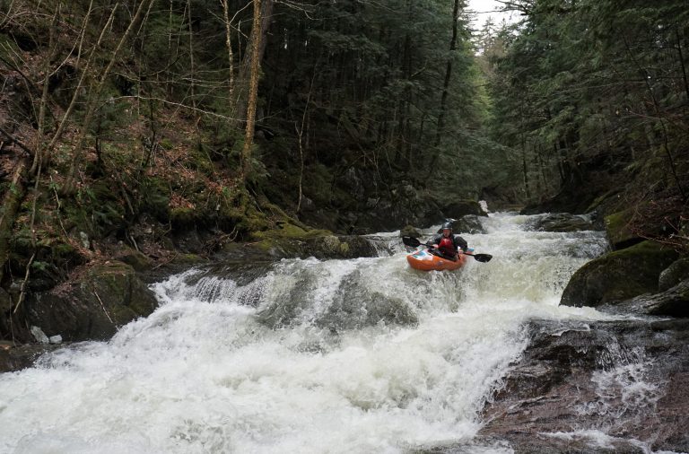 Mike Mainer runs Town of Bedrock Rapid Flint Brook Vermont Whitewater Kayaking