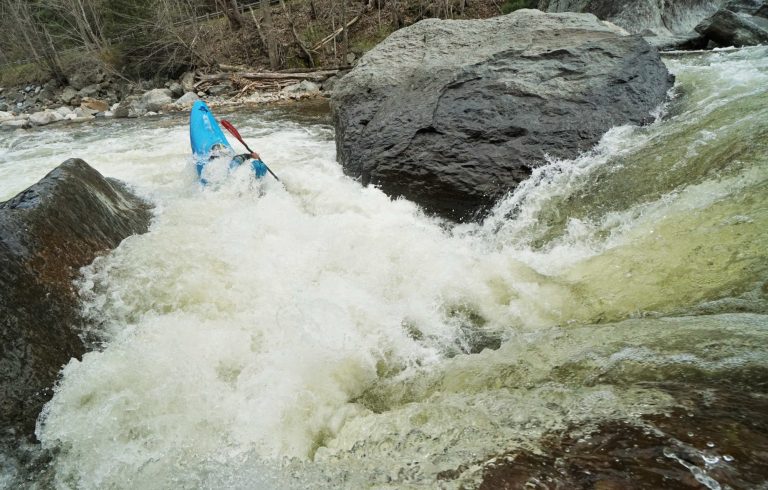 Jordan Vickers exits Secret Compartment Rapid New Haven River Vermont Whitewater Kayaking