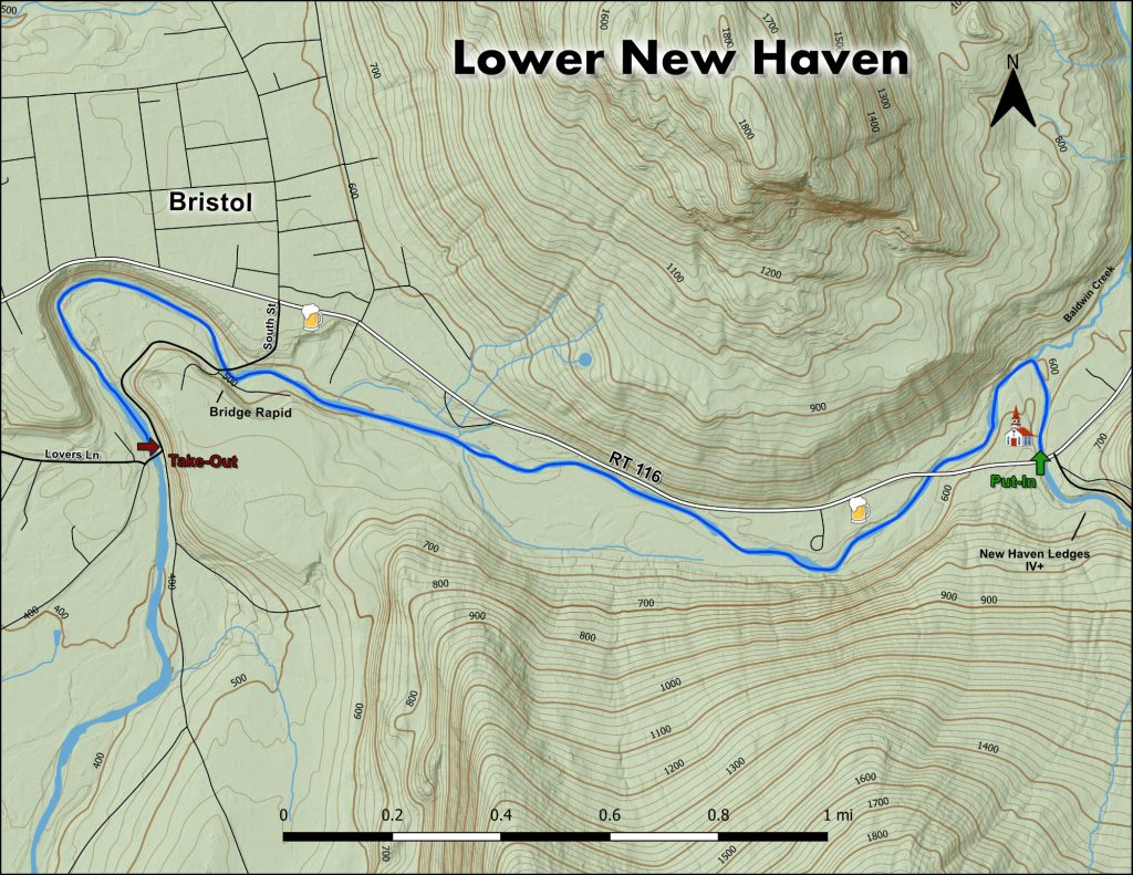 Map of the rapids of the Lower New Haven River Bristol Vermont Whitewater Kayaking
