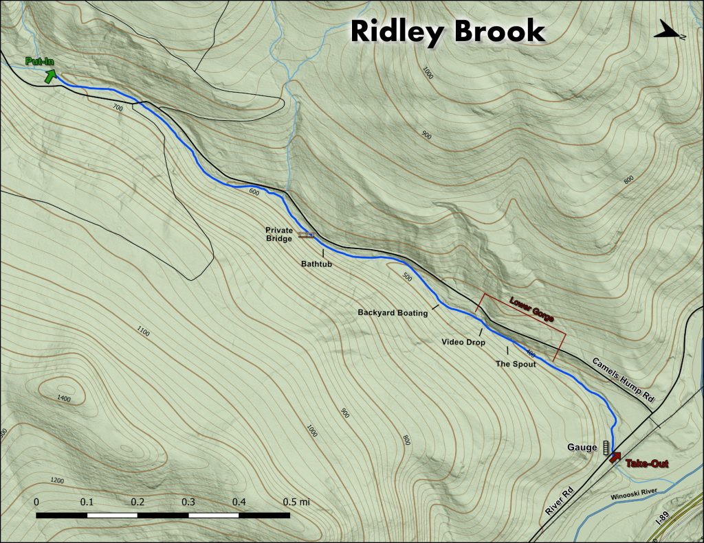 Map of rapids and waterfalls on Ridley Brook Vermont Whitewater Kayaking
