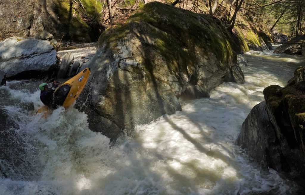 Cully Thomas runs the spout waterfall on Ridley Brook Vermont Whitewater Kayaking