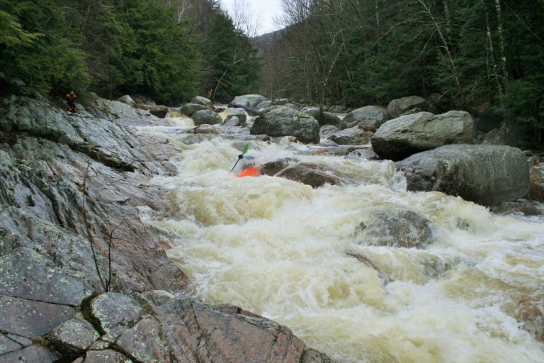Kayaker running a rapid on the Big Branch of Otter Creek Vermont Whitewater Kayaking