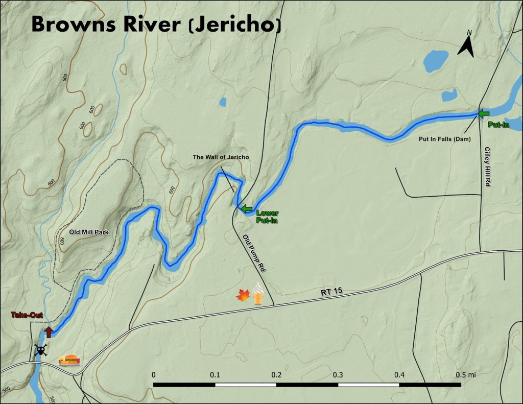 Map of the rapids on the Browns River Jericho Vermont Whitewater Kayaking