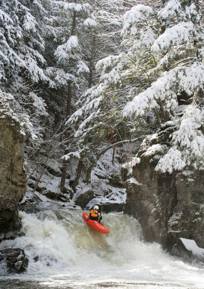 Kayaker Going Over Falls in Terrill Gorge Kenfield Brook Vermont