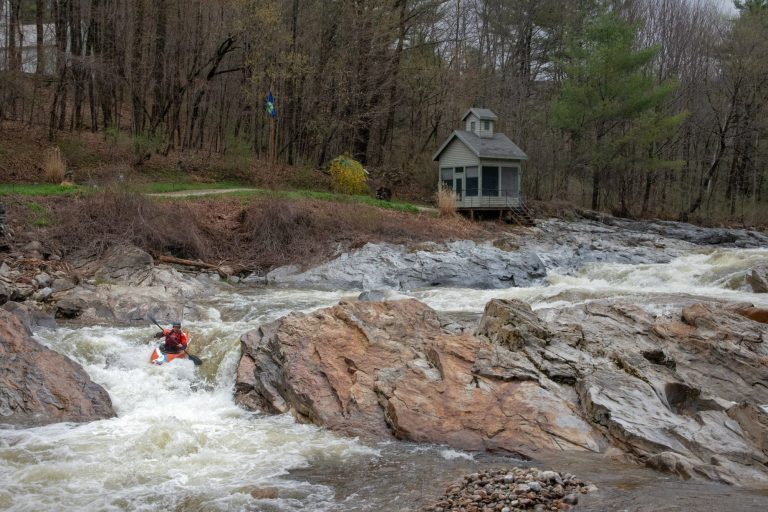Mike Mainer runs the Mill Drop on Clarendon Gorge of the Mill River Vermont Whitewater Kayaking