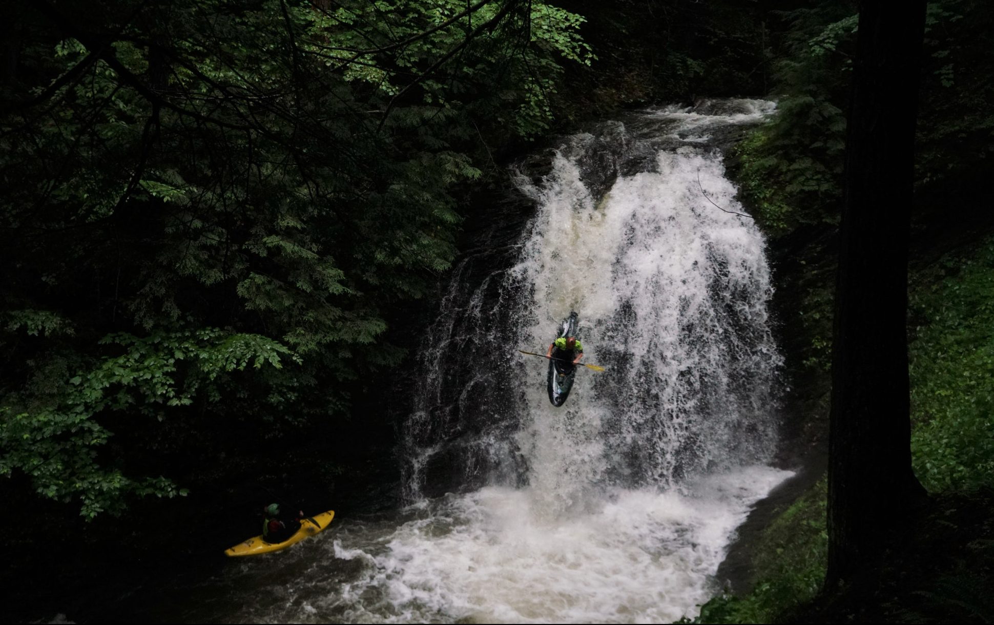 Justin Beckwith runs Lincoln Brook Falls while Culley Thomas waits below, Vermont Whitewater Kayaking