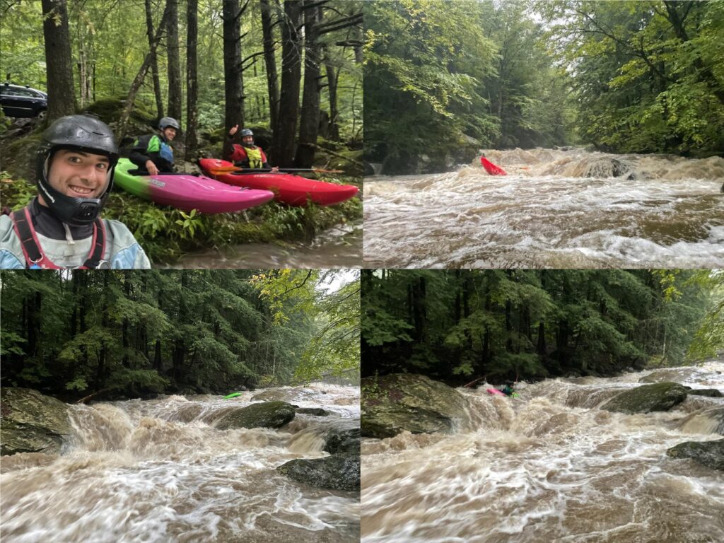 Kayakers running rapids on Ridley Brook Vermont whitewater kayaking