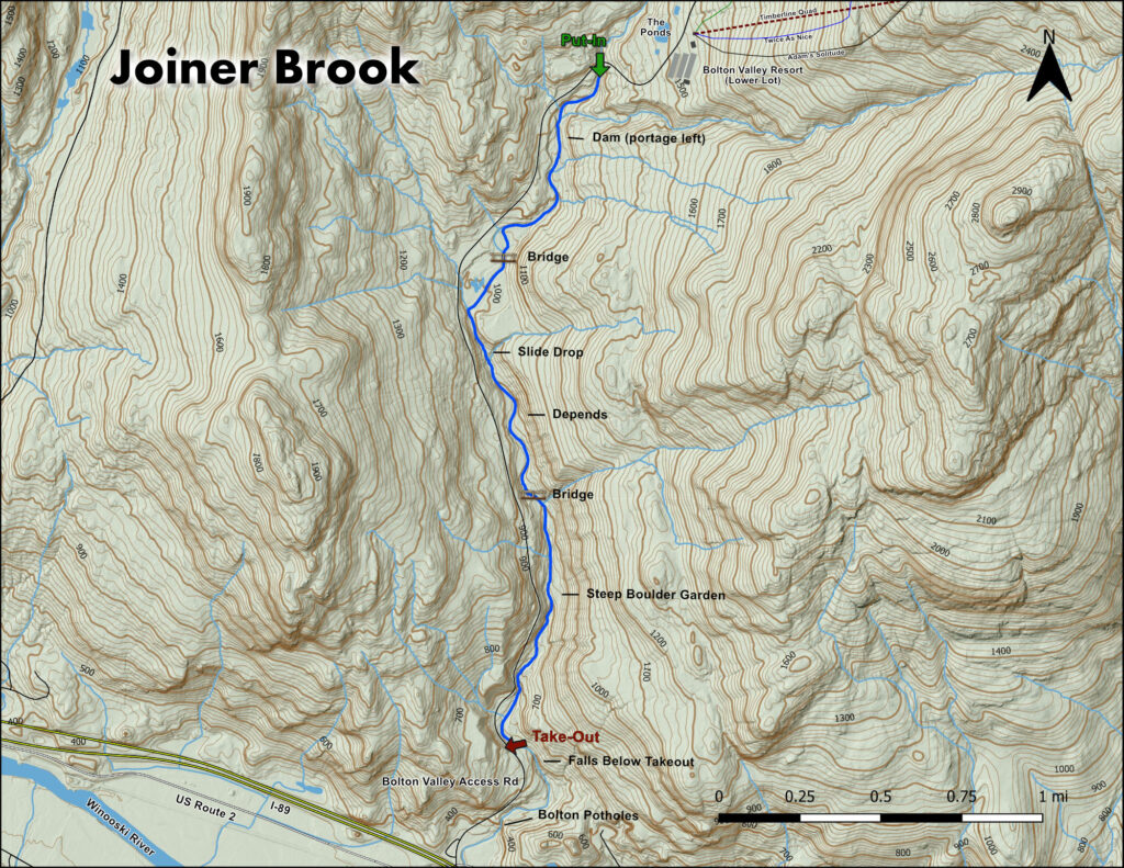 Map of the rapids and features of the Joiner Brook Vermont Whitewater Kayaking