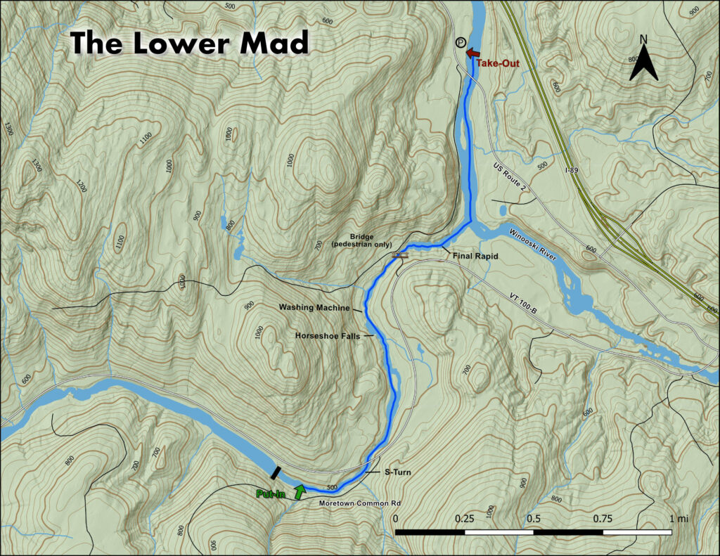 Map of the rapids and features of the Lower Mad River Vermont Whitewater Kayaking