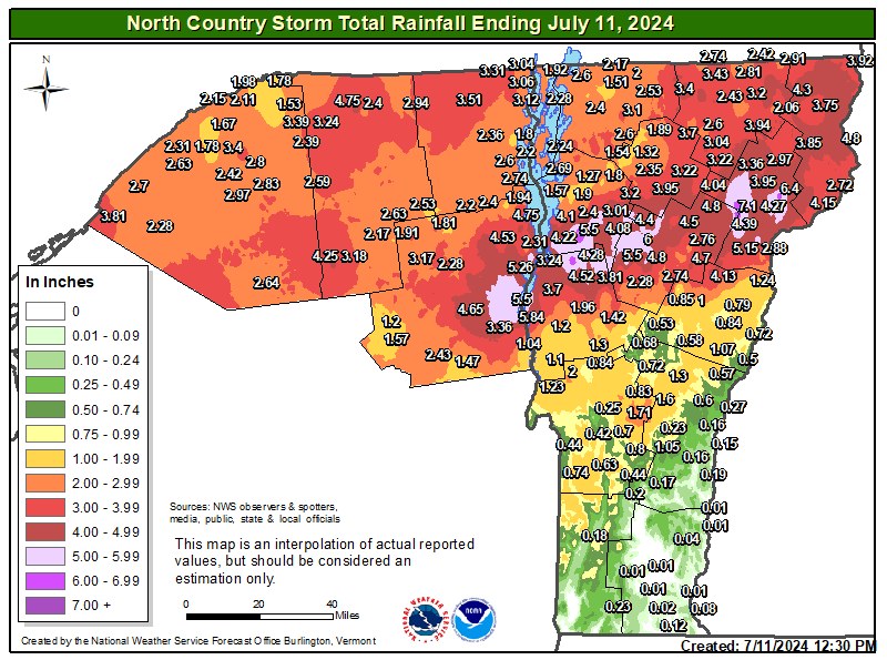 Rainfall totals across Vermont from the July 10th 2024 storm